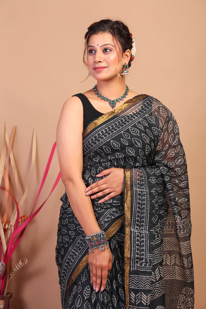 Anuttara Bhagalpuri Black Kota Cotton Hand Block Saree with Blouse_AFS1014-FS