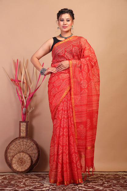 Anuttara Bhagalpuri Red Kota Cotton Hand Block Saree with Blouse_AFS1015-FS