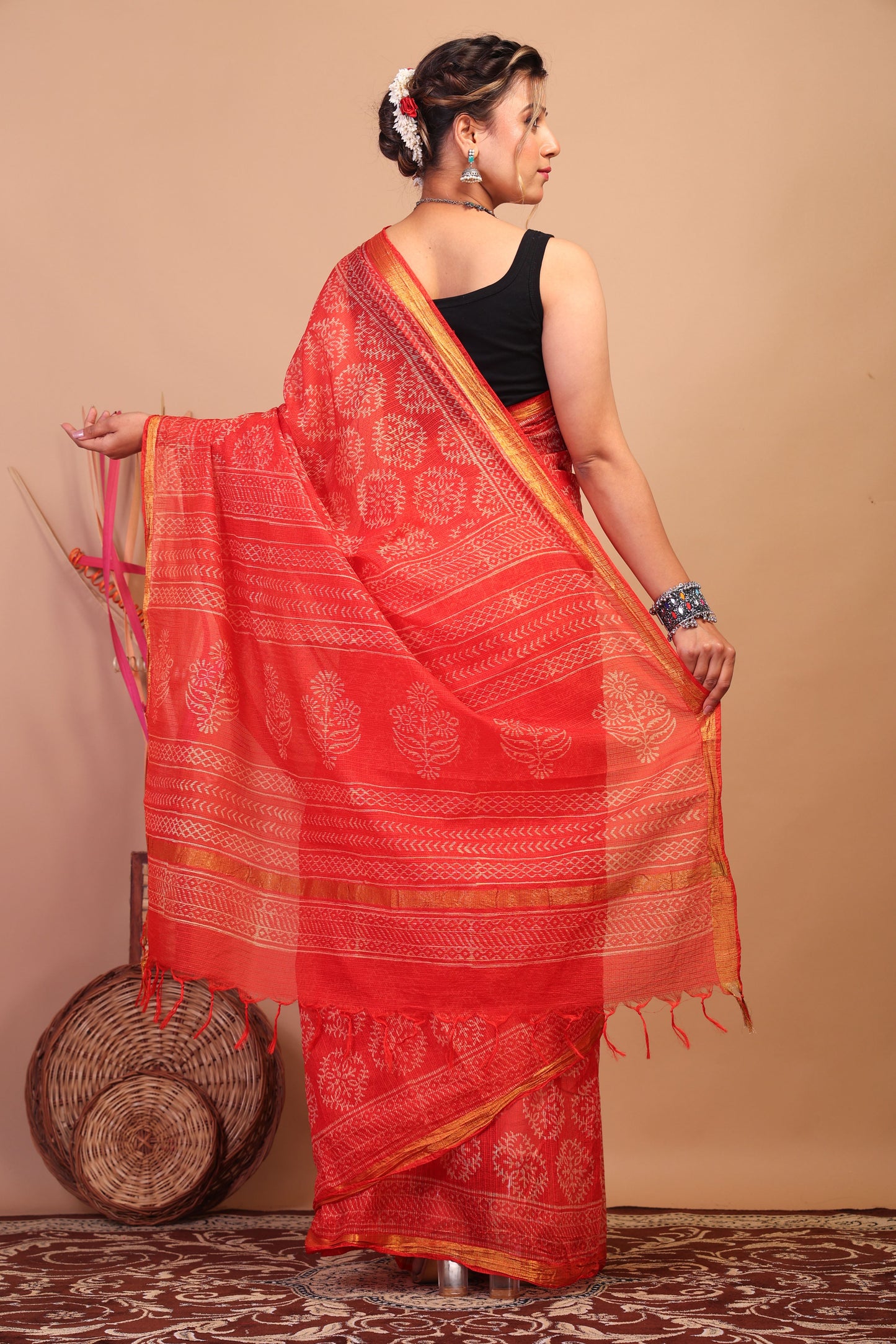 Anuttara Bhagalpuri Red Kota Cotton Hand Block Saree with Blouse_AFS1015-FS