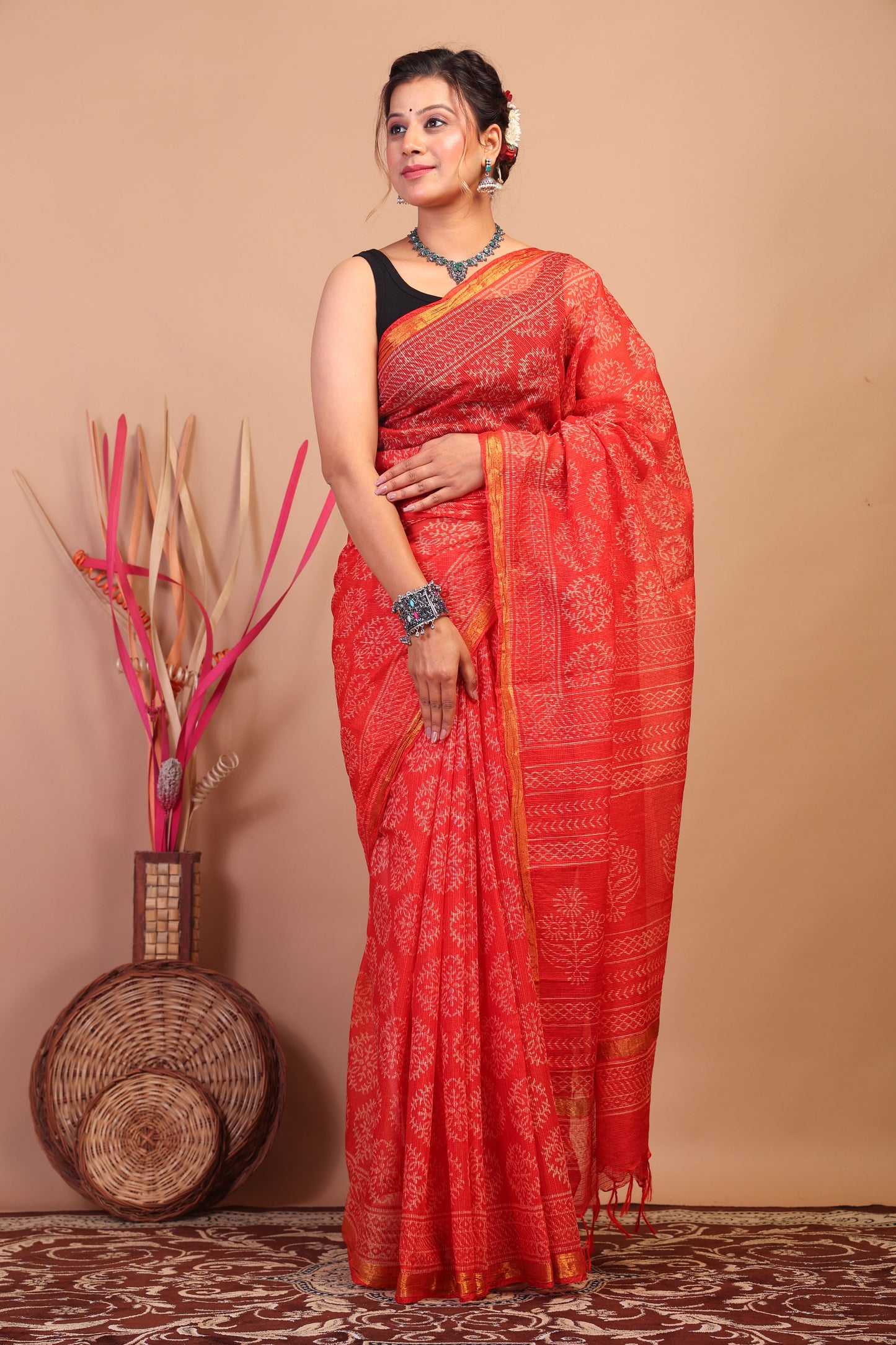 Anuttara Bhagalpuri Red Kota Cotton Hand Block Saree with Blouse_AFS1015-FS