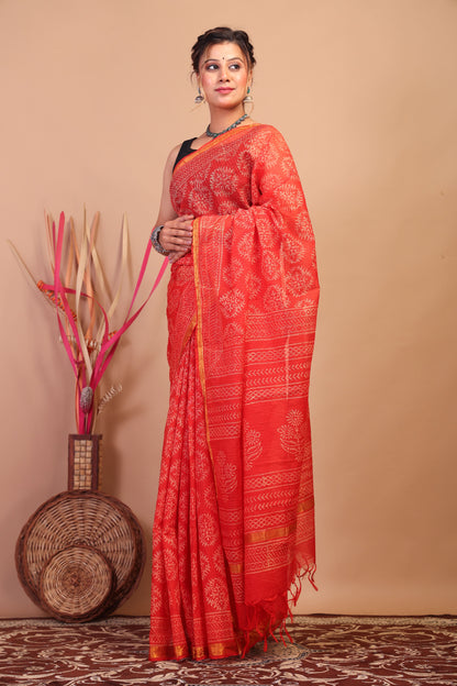 Anuttara Bhagalpuri Red Kota Cotton Hand Block Saree with Blouse_AFS1015-FS