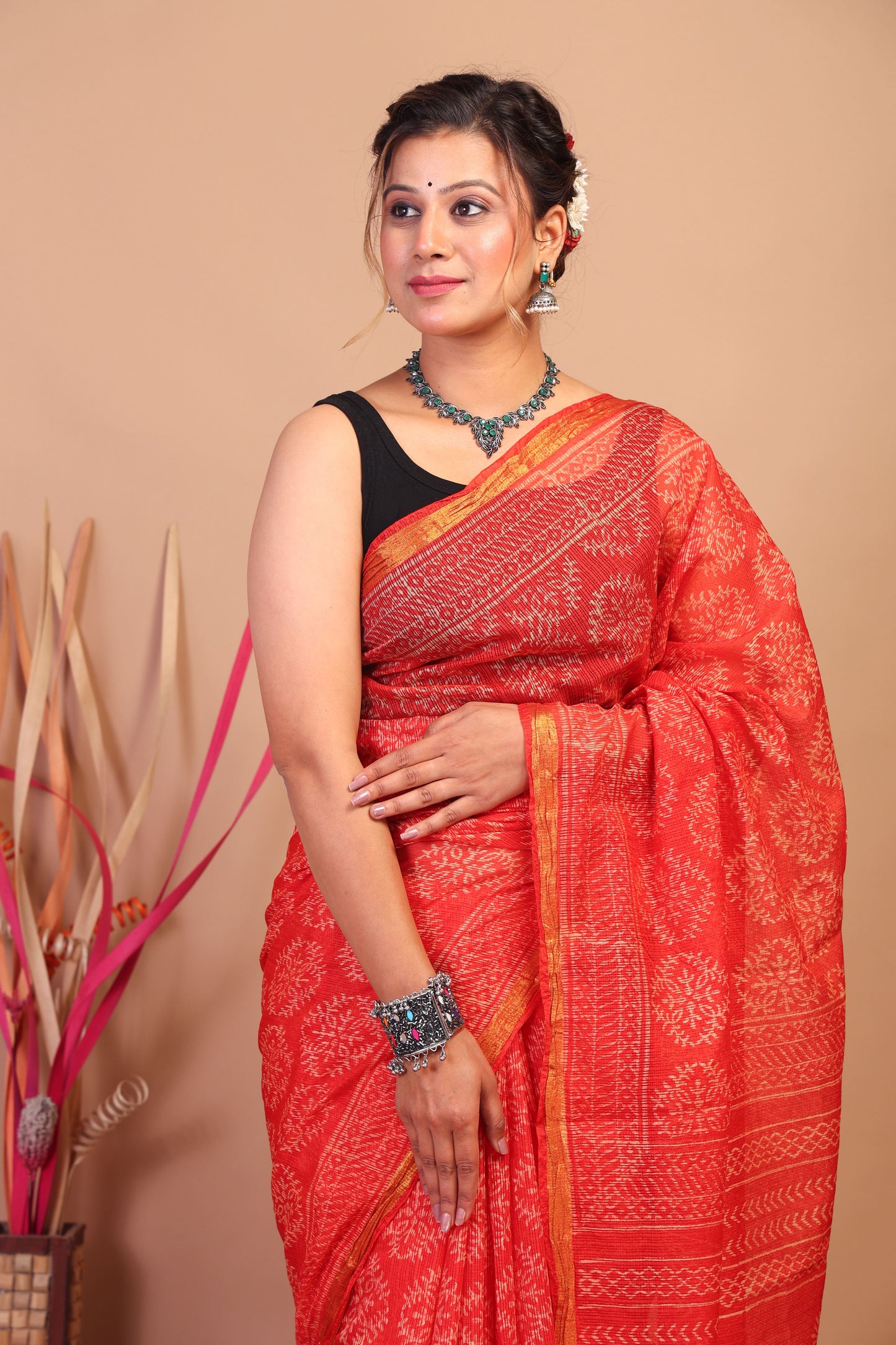 Anuttara Bhagalpuri Red Kota Cotton Hand Block Saree with Blouse_AFS1015-FS
