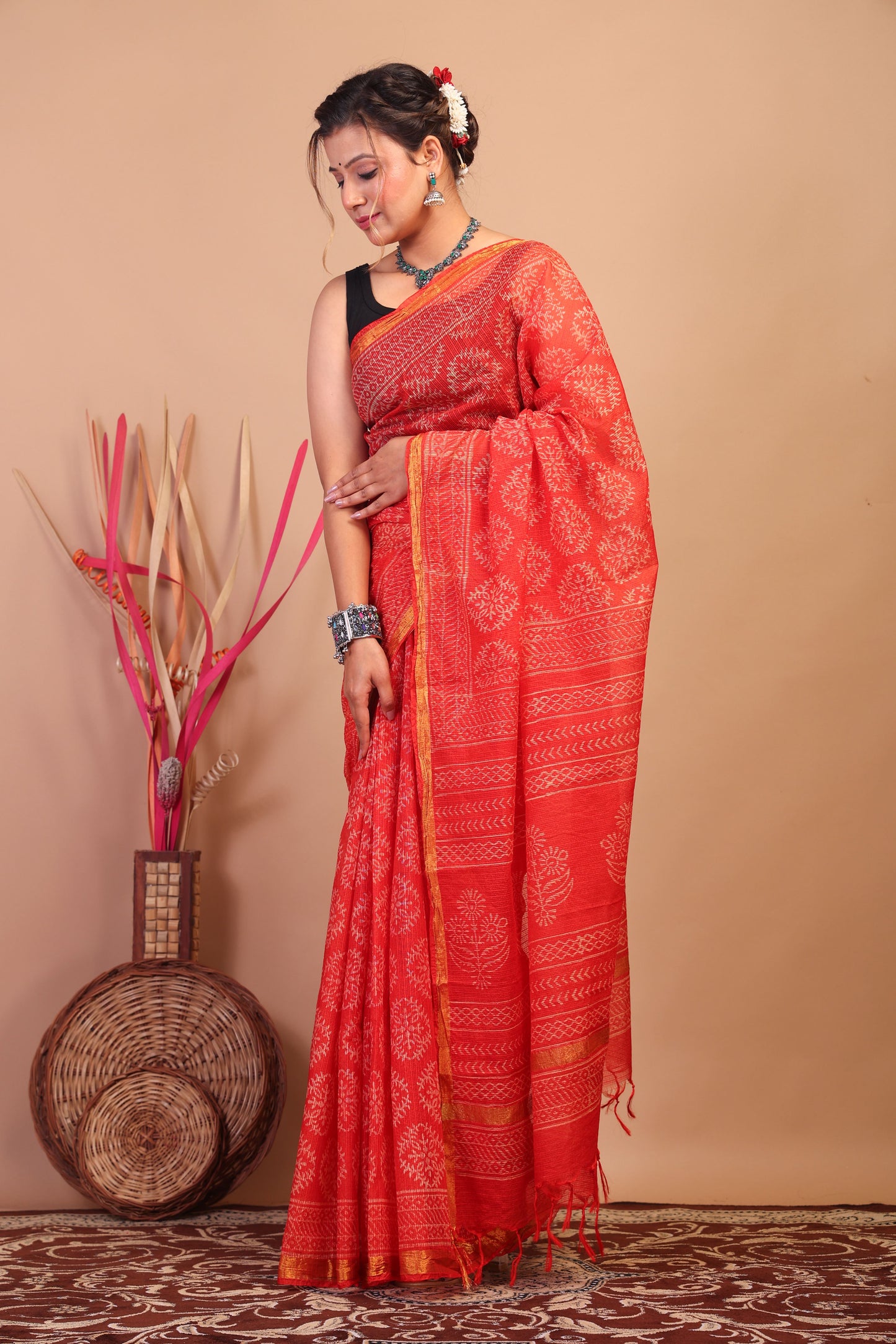 Anuttara Bhagalpuri Red Kota Cotton Hand Block Saree with Blouse_AFS1015-FS