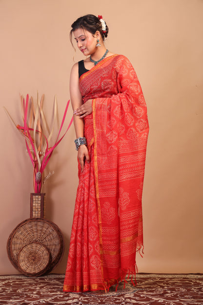 Anuttara Bhagalpuri Red Kota Cotton Hand Block Saree with Blouse_AFS1015-FS