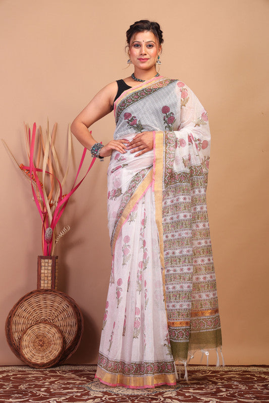 Anuttara Bhagalpuri White Kota Cotton Hand Block Saree with Blouse_AFS1016-FS