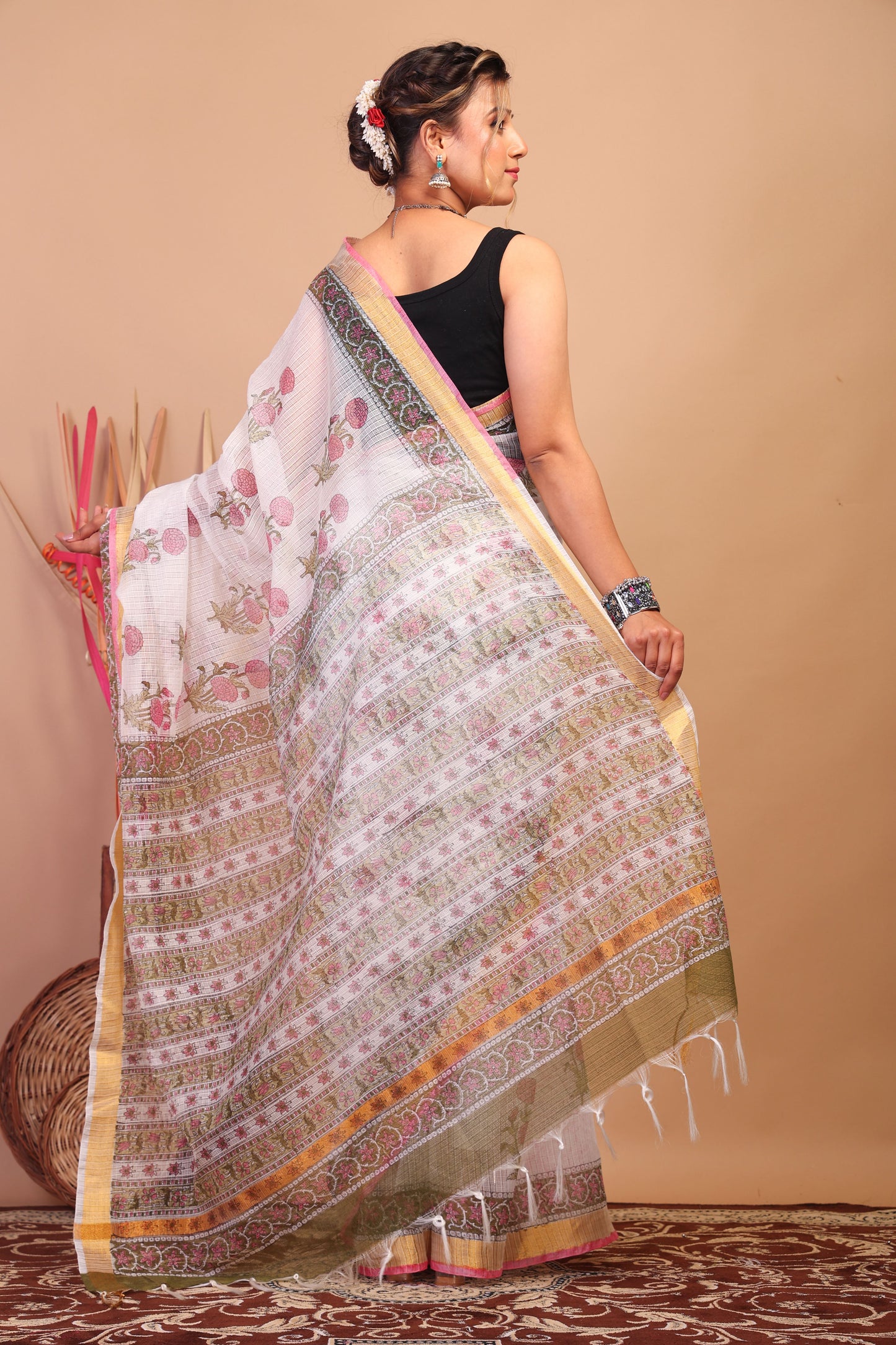 Anuttara Bhagalpuri White Kota Cotton Hand Block Saree with Blouse_AFS1016-FS