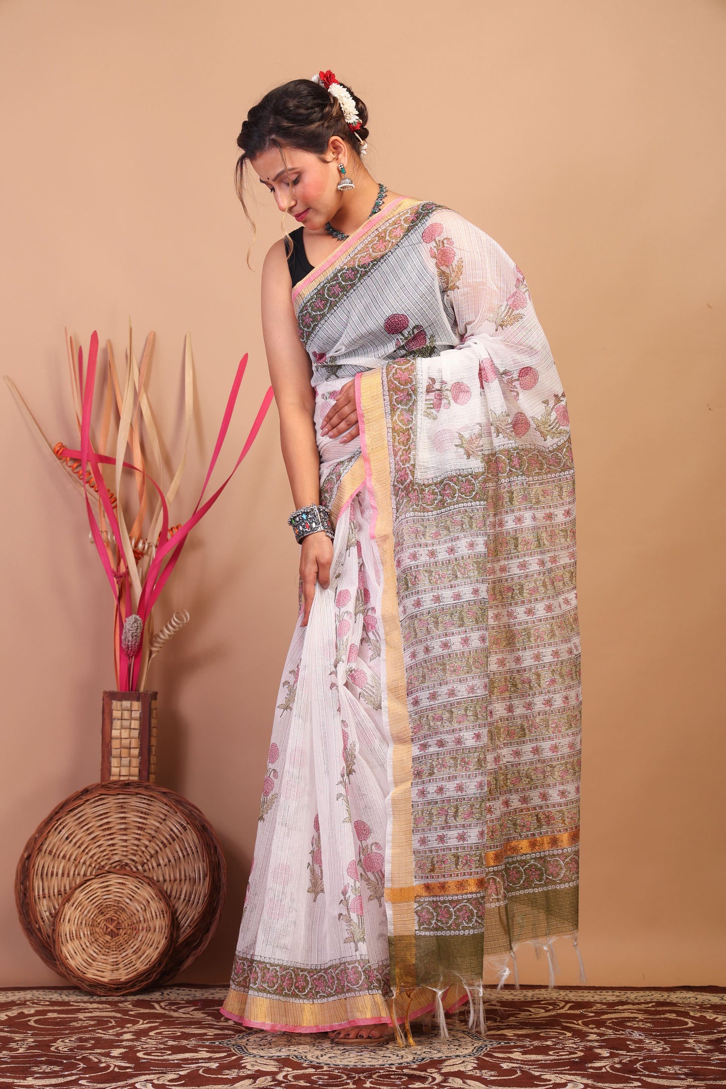 Anuttara Bhagalpuri White Kota Cotton Hand Block Saree with Blouse_AFS1016-FS