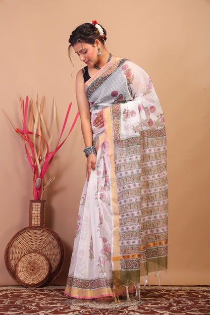 Anuttara Bhagalpuri White Kota Cotton Hand Block Saree with Blouse_AFS1016-FS
