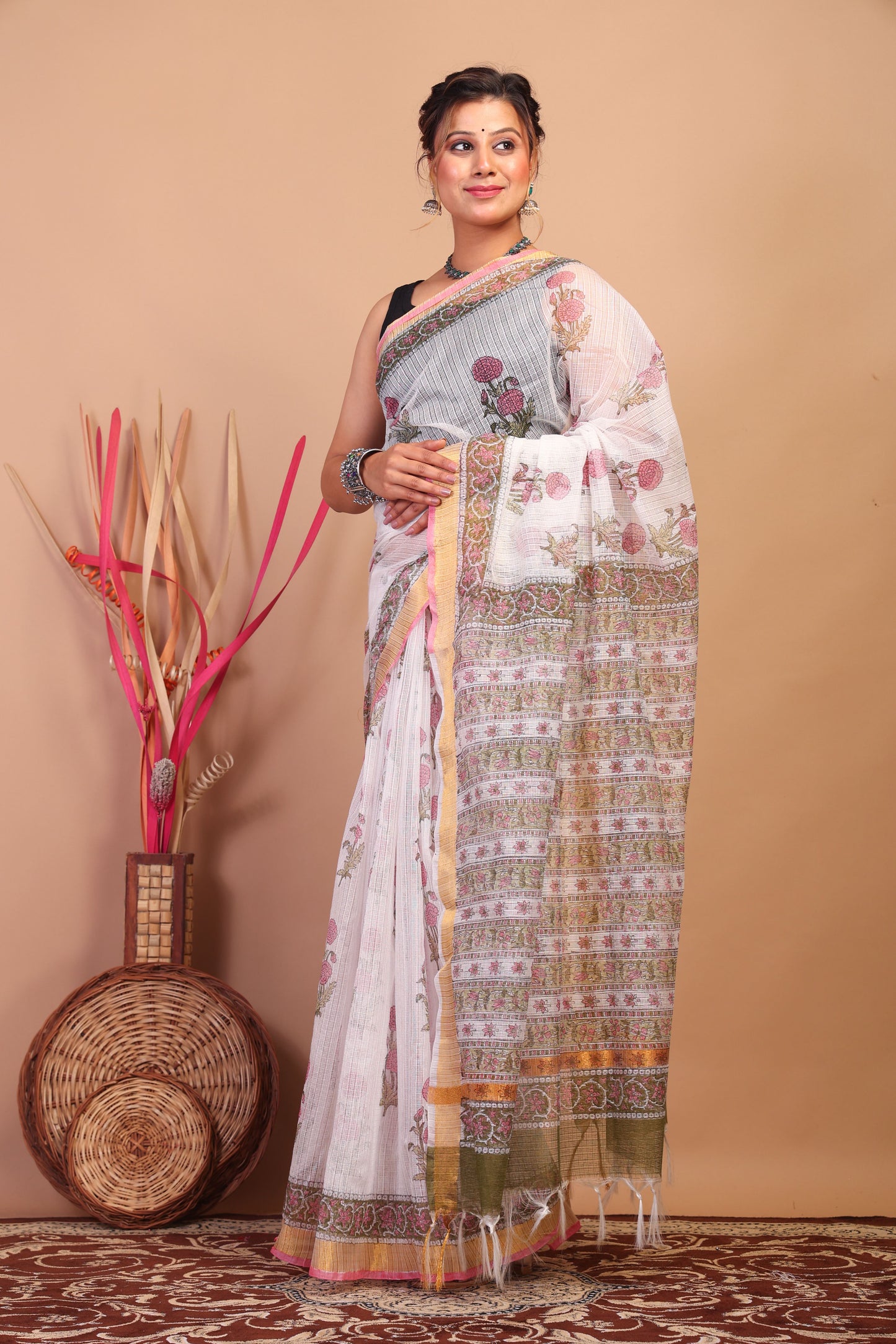 Anuttara Bhagalpuri White Kota Cotton Hand Block Saree with Blouse_AFS1016-FS