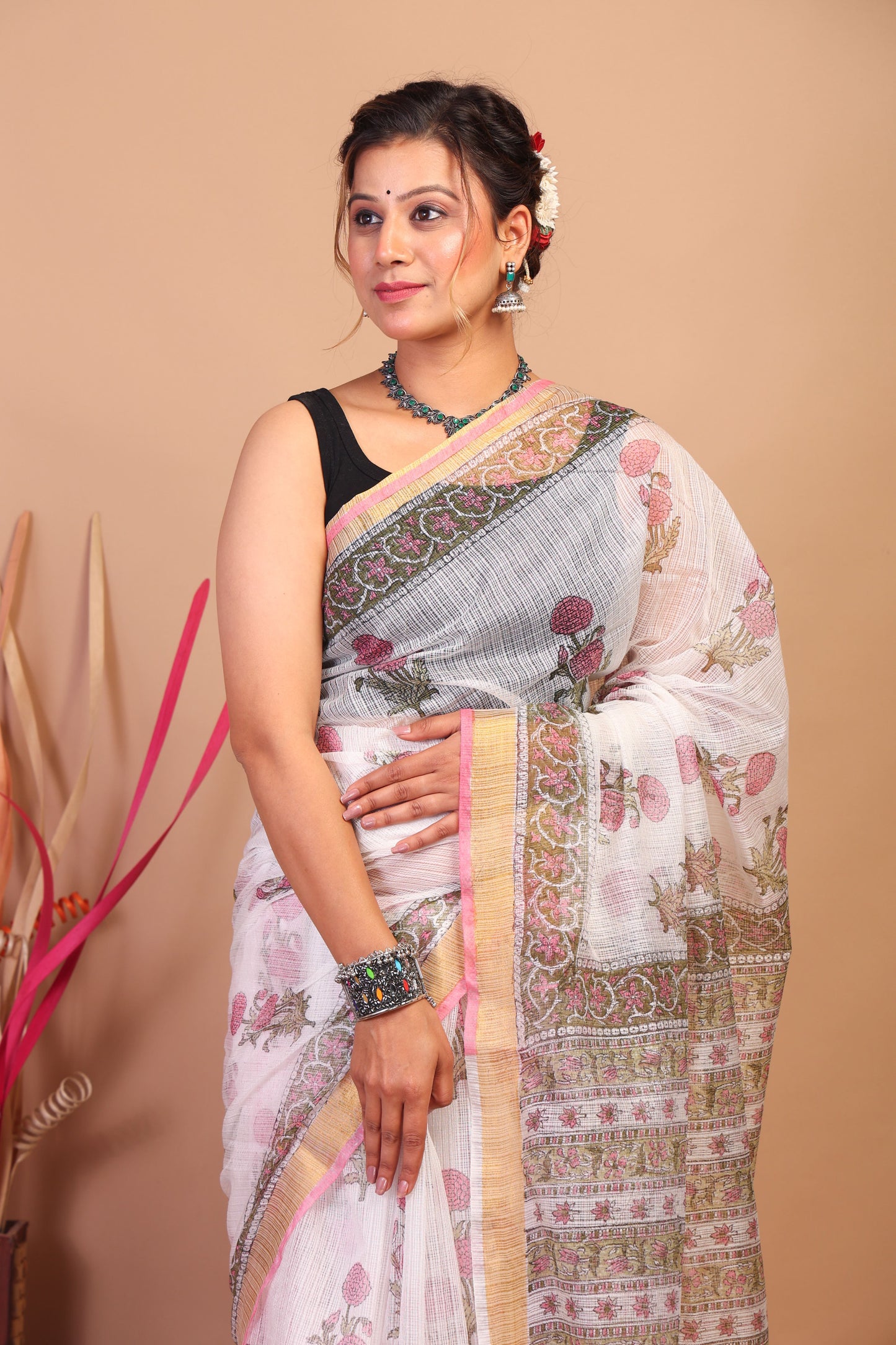 Anuttara Bhagalpuri White Kota Cotton Hand Block Saree with Blouse_AFS1016-FS