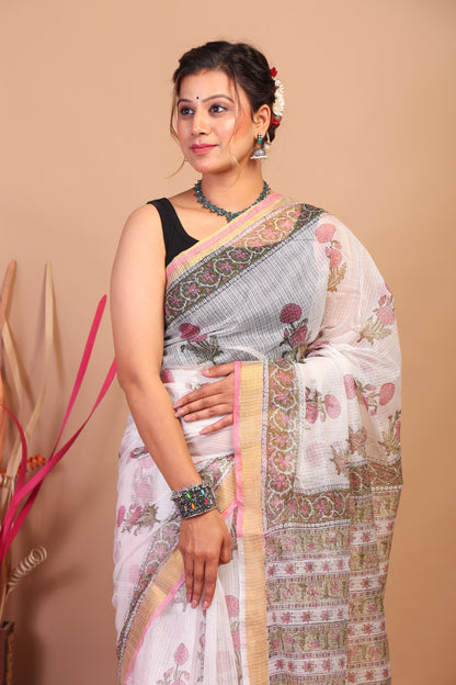 Anuttara Bhagalpuri White Kota Cotton Hand Block Saree with Blouse_AFS1016-FS