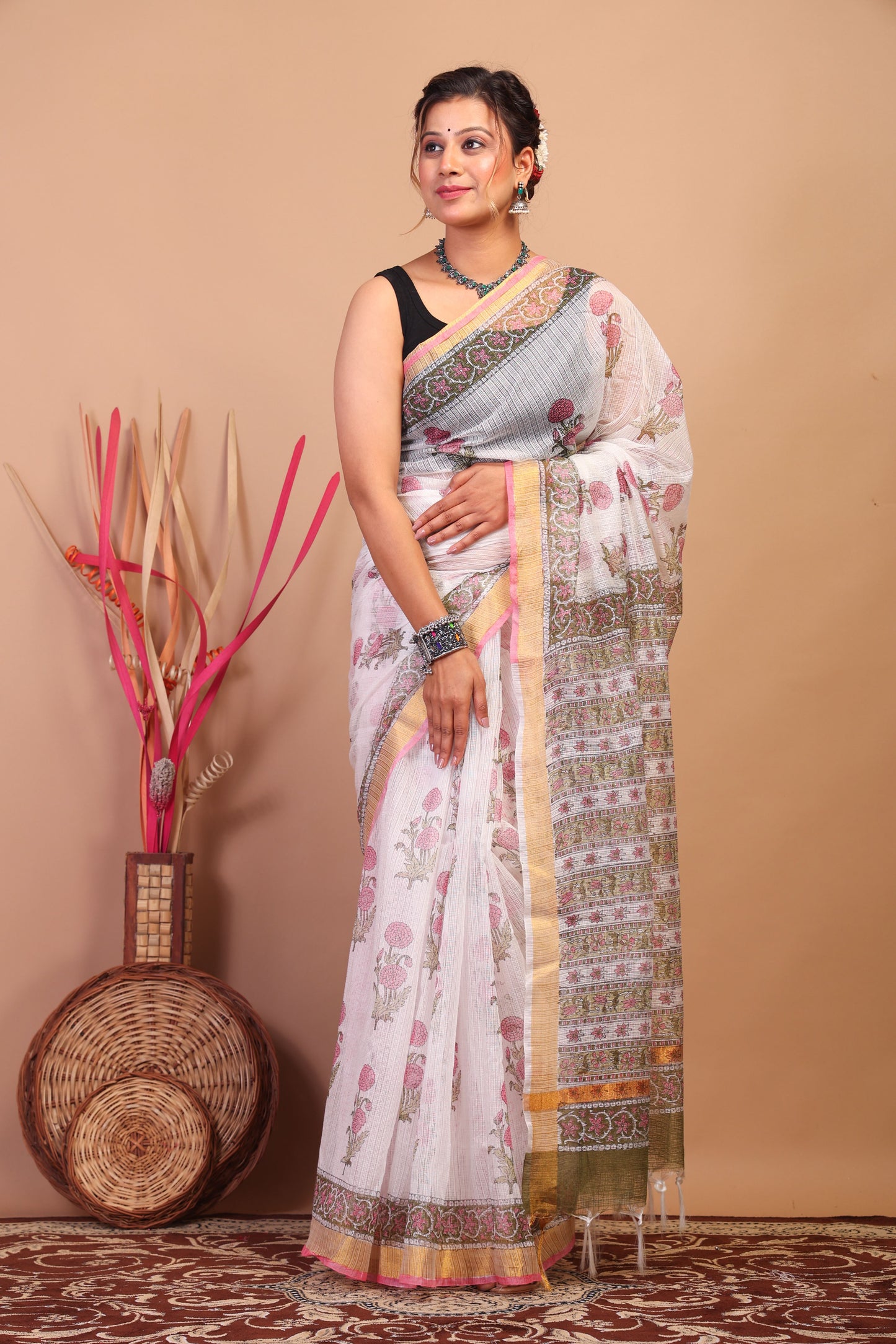 Anuttara Bhagalpuri White Kota Cotton Hand Block Saree with Blouse_AFS1016-FS