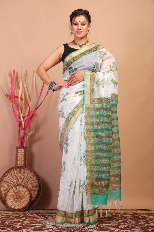 Anuttara Bhagalpuri White Kota Cotton Hand Block Saree with Blouse_AFS1017-FS