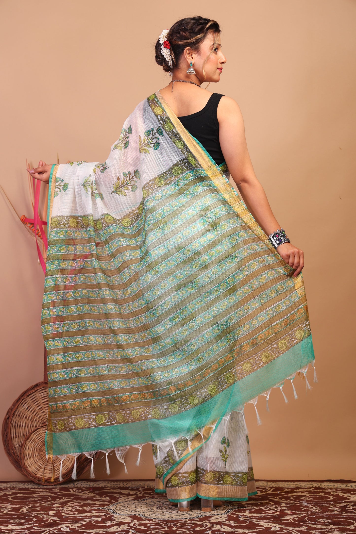 Anuttara Bhagalpuri White Kota Cotton Hand Block Saree with Blouse_AFS1017-FS