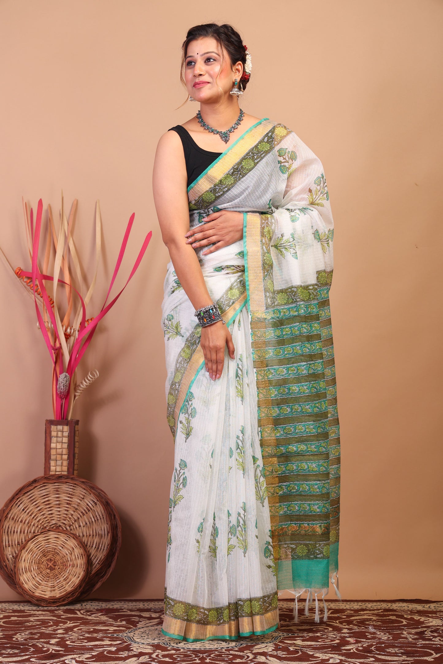 Anuttara Bhagalpuri White Kota Cotton Hand Block Saree with Blouse_AFS1017-FS