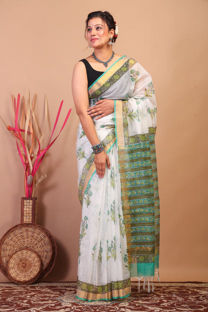 Anuttara Bhagalpuri White Kota Cotton Hand Block Saree with Blouse_AFS1017-FS