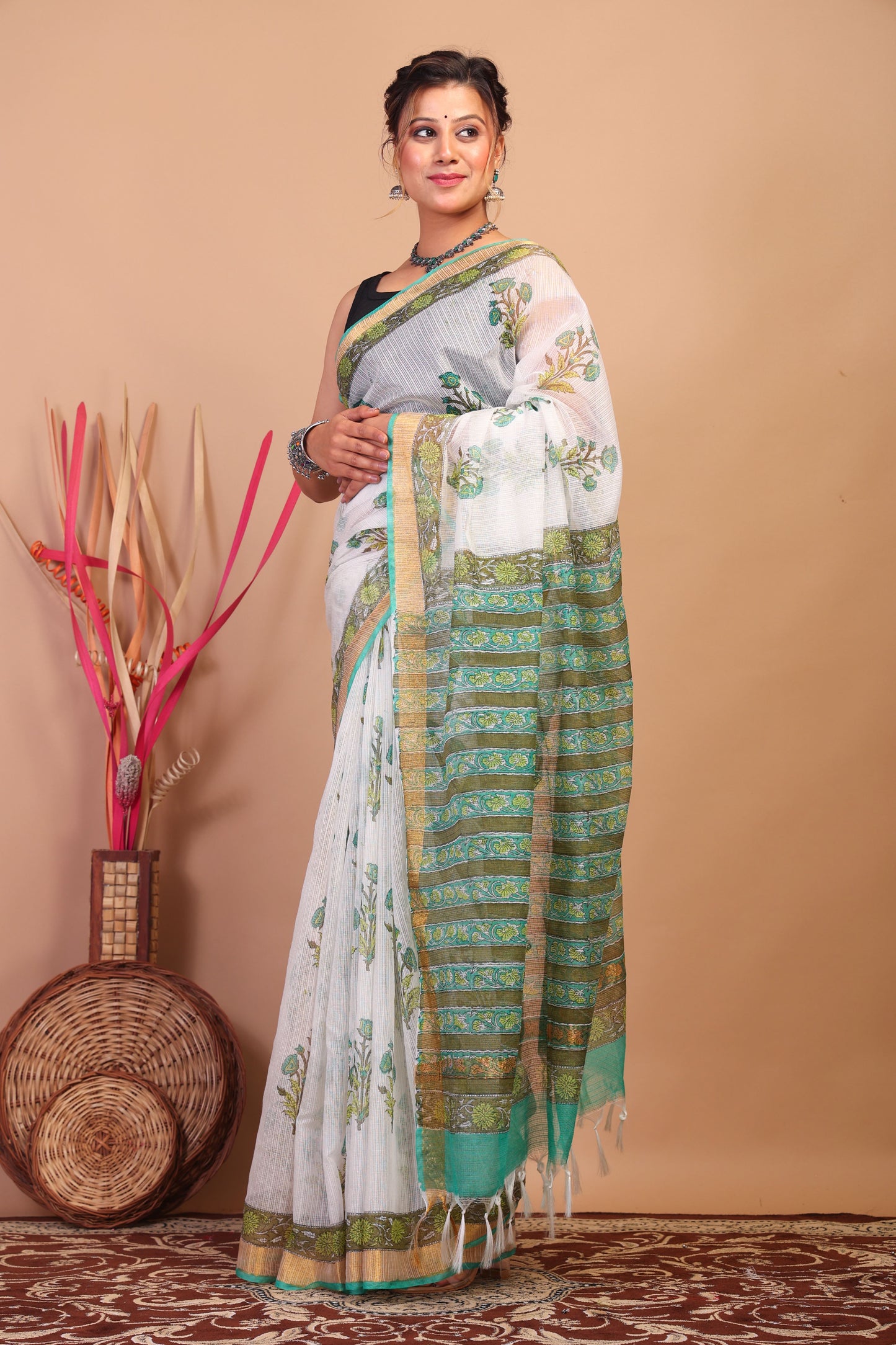 Anuttara Bhagalpuri White Kota Cotton Hand Block Saree with Blouse_AFS1017-FS