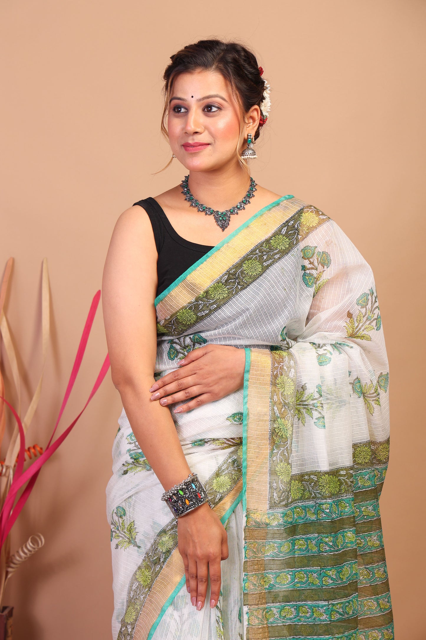 Anuttara Bhagalpuri White Kota Cotton Hand Block Saree with Blouse_AFS1017-FS