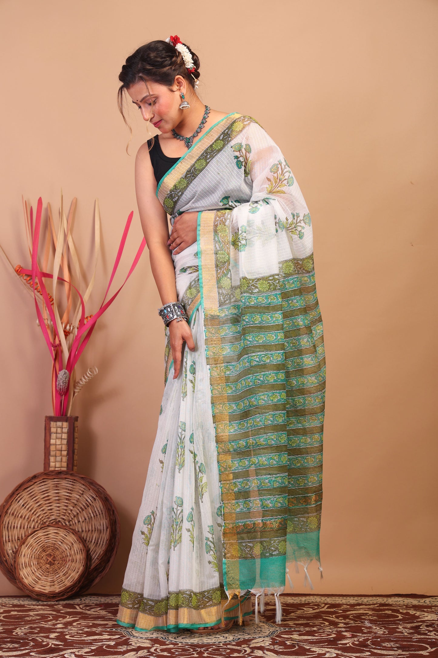 Anuttara Bhagalpuri White Kota Cotton Hand Block Saree with Blouse_AFS1017-FS