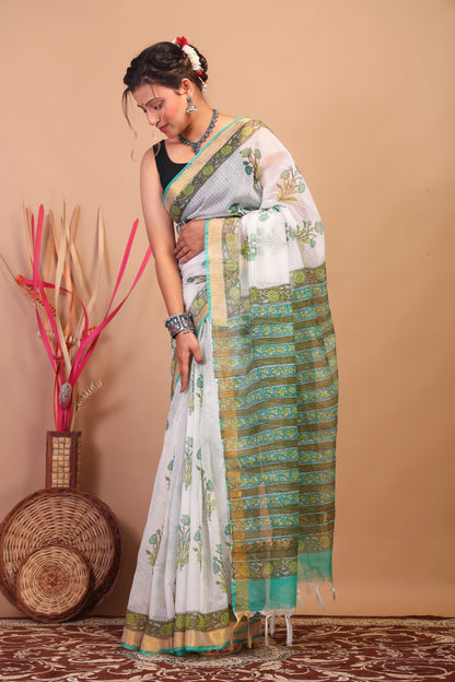 Anuttara Bhagalpuri White Kota Cotton Hand Block Saree with Blouse_AFS1017-FS