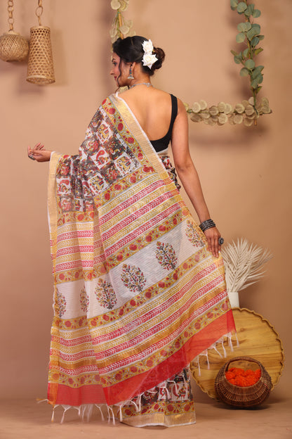 Anuttara Bhagalpuri Multicolor Kota Cotton Hand Block Saree with Blouse_AFS1018-FS