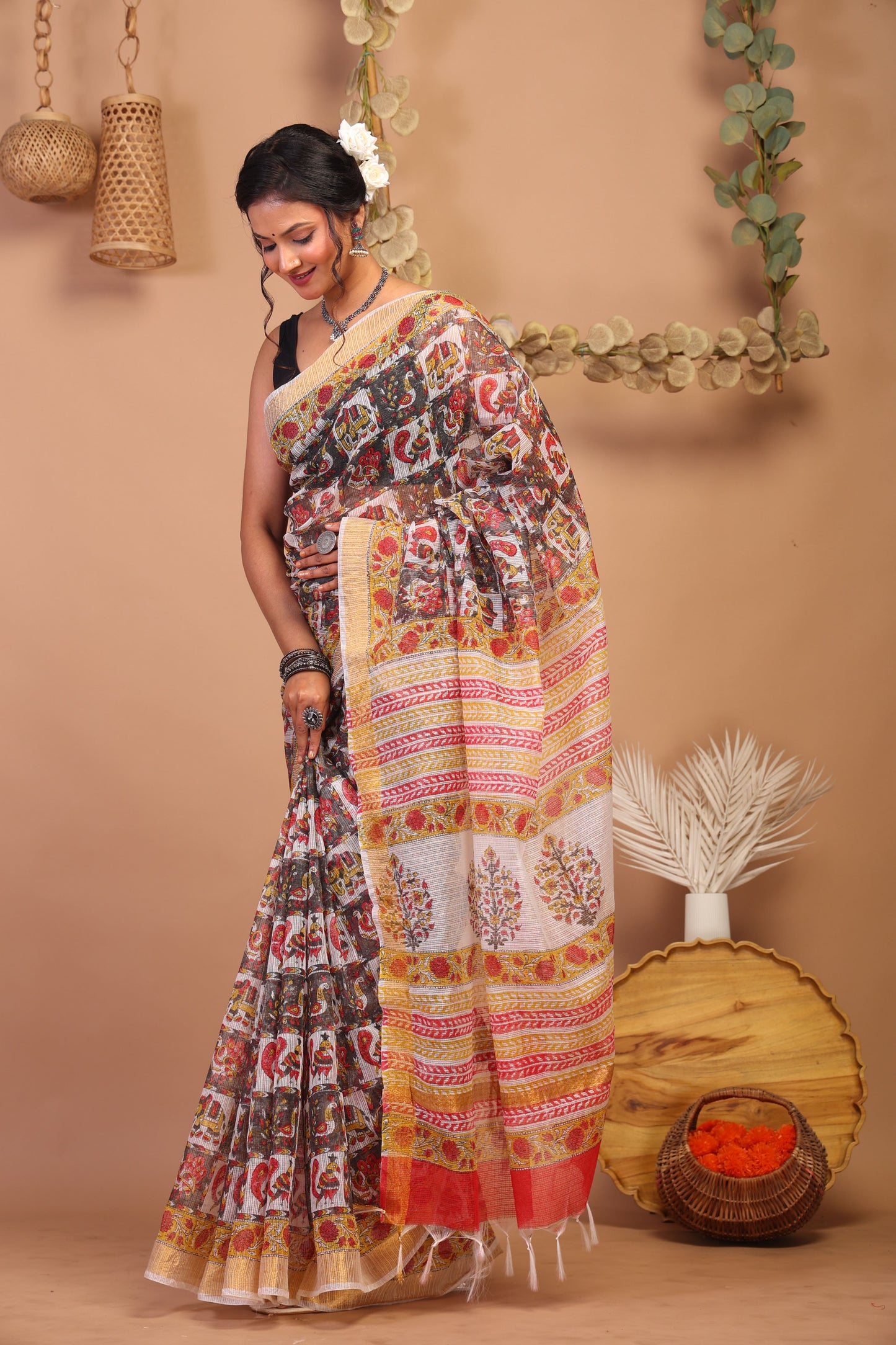 Anuttara Bhagalpuri Multicolor Kota Cotton Hand Block Saree with Blouse_AFS1018-FS