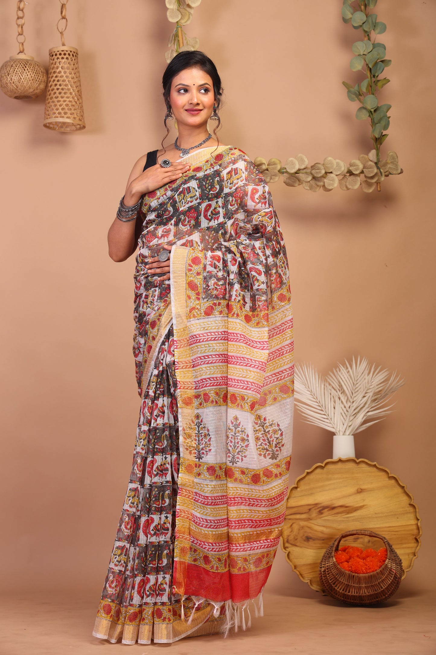 Anuttara Bhagalpuri Multicolor Kota Cotton Hand Block Saree with Blouse_AFS1018-FS