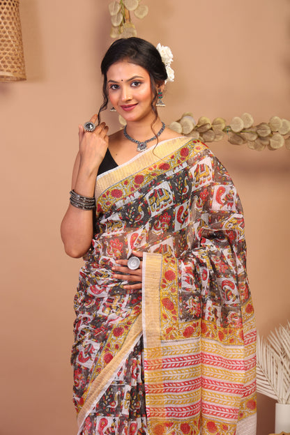 Anuttara Bhagalpuri Multicolor Kota Cotton Hand Block Saree with Blouse_AFS1018-FS