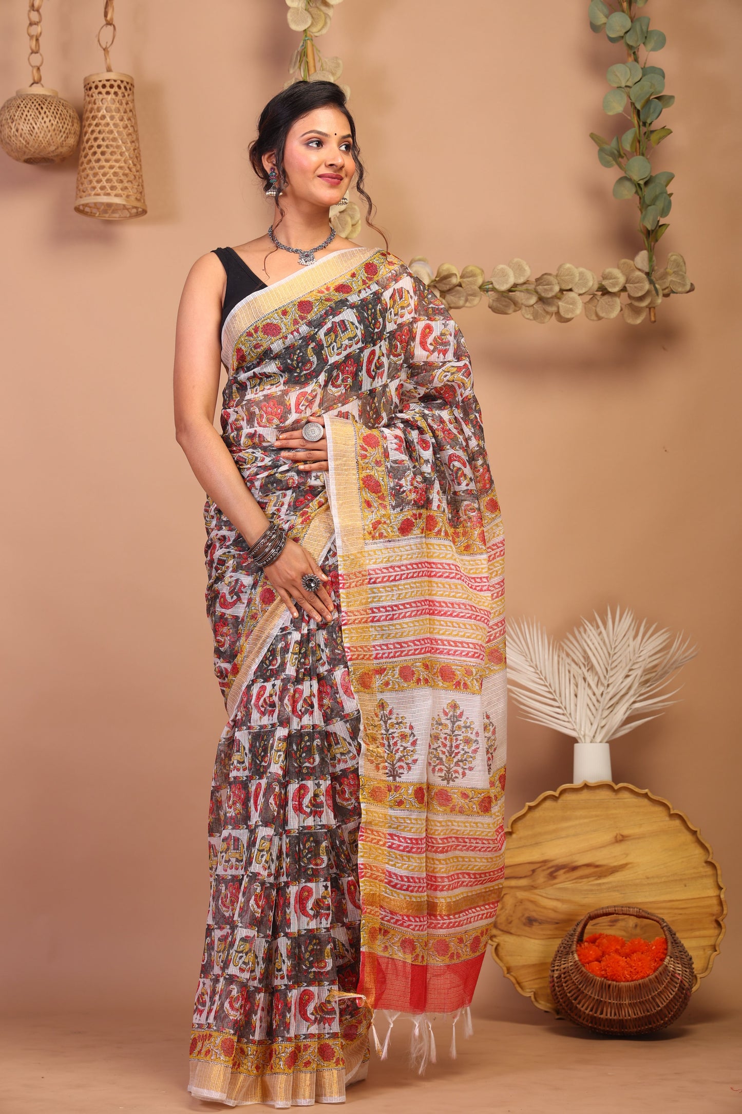 Anuttara Bhagalpuri Multicolor Kota Cotton Hand Block Saree with Blouse_AFS1018-FS