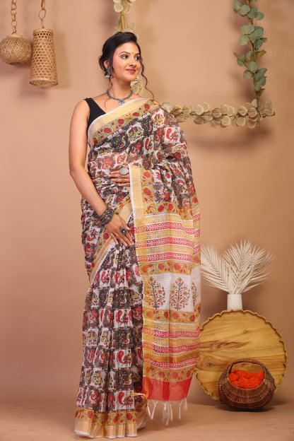 Anuttara Bhagalpuri Multicolor Kota Cotton Hand Block Saree with Blouse_AFS1018-FS