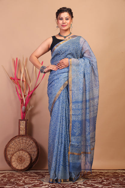 Anuttara Bhagalpuri Light Blue Kota Cotton Hand Block Saree with Blouse_AFS1019-FS