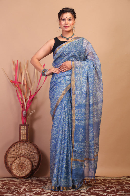 Anuttara Bhagalpuri Light Blue Kota Cotton Hand Block Saree with Blouse_AFS1019-FS