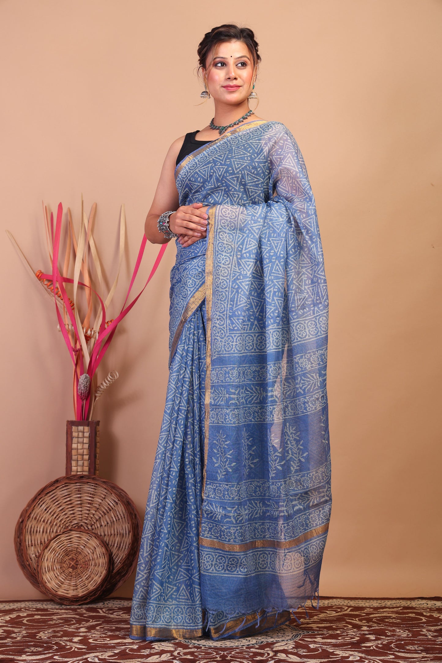 Anuttara Bhagalpuri Light Blue Kota Cotton Hand Block Saree with Blouse_AFS1019-FS