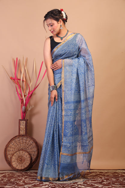 Anuttara Bhagalpuri Light Blue Kota Cotton Hand Block Saree with Blouse_AFS1019-FS