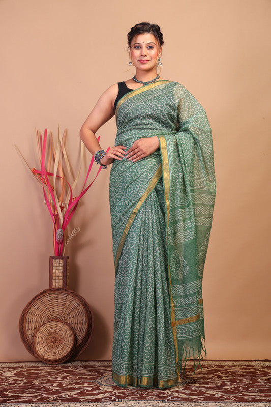 Anuttara Bhagalpuri Green Kota Cotton Hand Block Saree with Blouse_AFS1020-FS