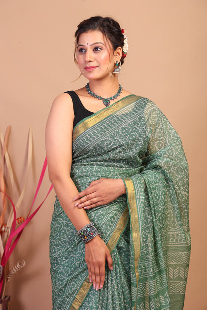 Anuttara Bhagalpuri Green Kota Cotton Hand Block Saree with Blouse_AFS1020-FS