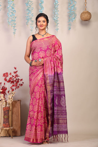 Anuttara Bhagalpuri Pink & Purple Cotton Silk Floral Saree with Unstitched Blouse_AFS1022-FS