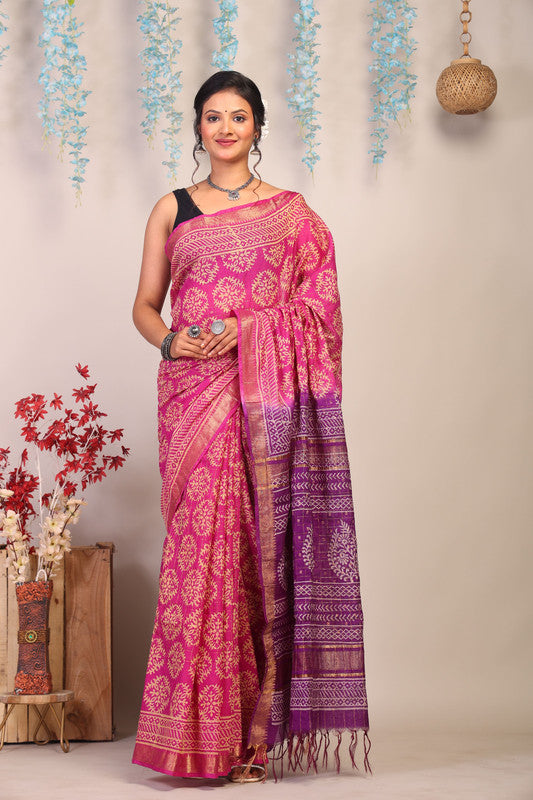 Anuttara Bhagalpuri Pink & Purple Cotton Silk Floral Saree with Unstitched Blouse_AFS1022-FS