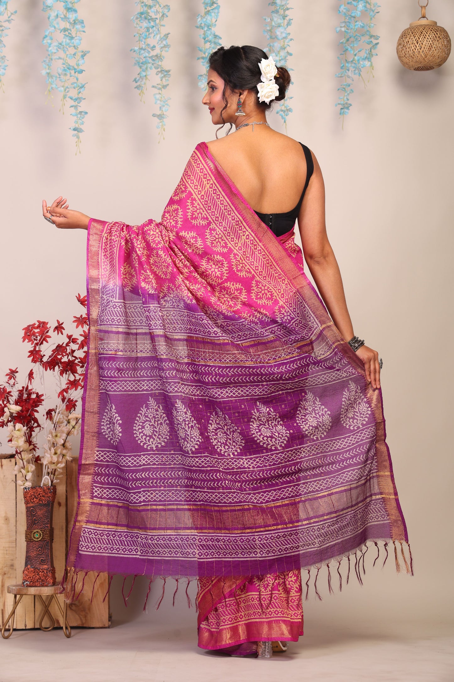 Anuttara Bhagalpuri Pink & Purple Cotton Silk Floral Saree with Unstitched Blouse_AFS1022-FS
