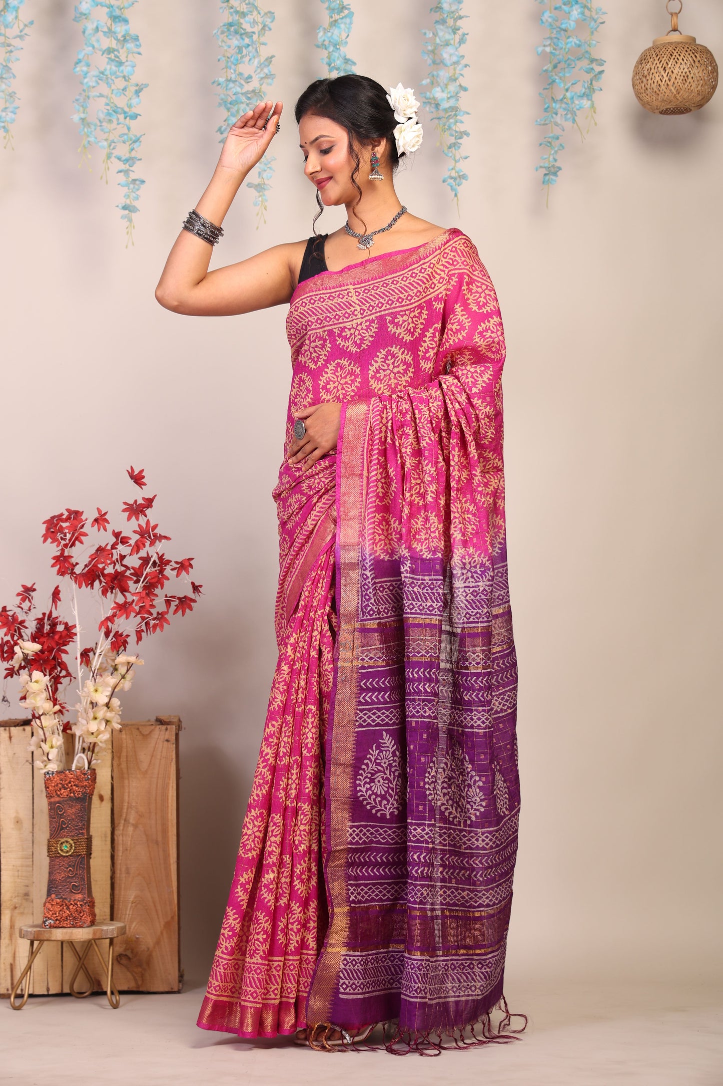 Anuttara Bhagalpuri Pink & Purple Cotton Silk Floral Saree with Unstitched Blouse_AFS1022-FS