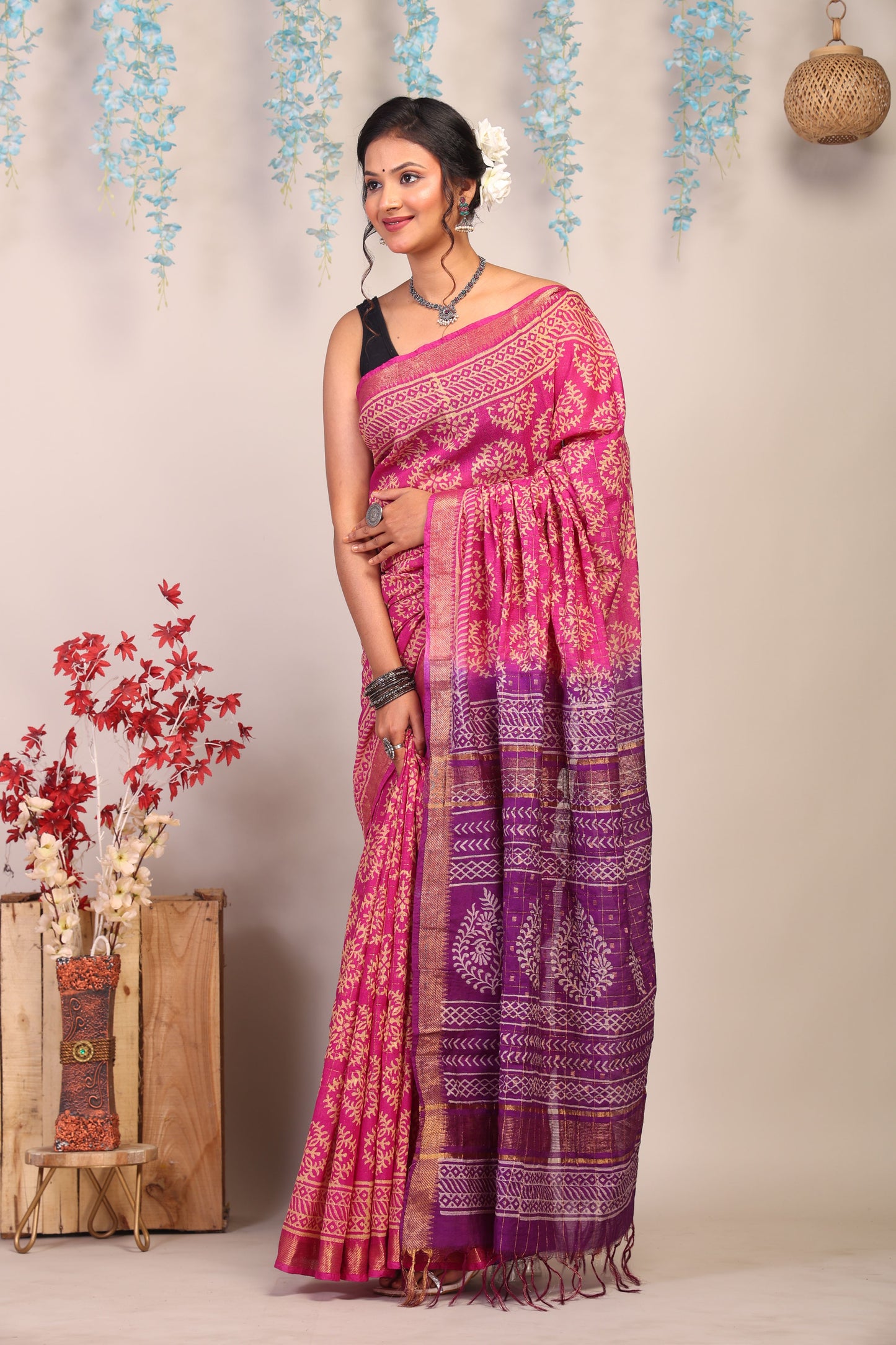 Anuttara Bhagalpuri Pink & Purple Cotton Silk Floral Saree with Unstitched Blouse_AFS1022-FS