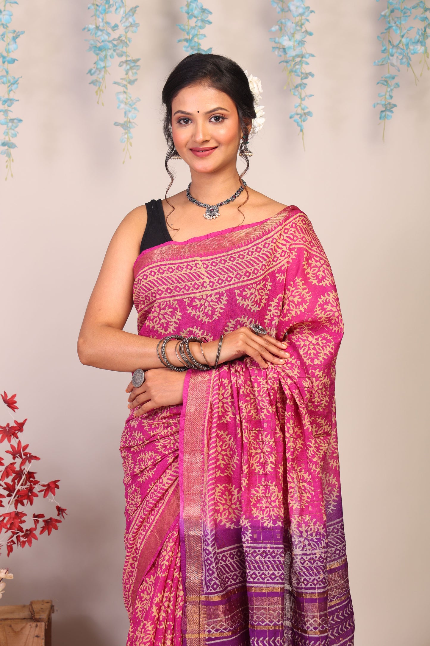 Anuttara Bhagalpuri Pink & Purple Cotton Silk Floral Saree with Unstitched Blouse_AFS1022-FS