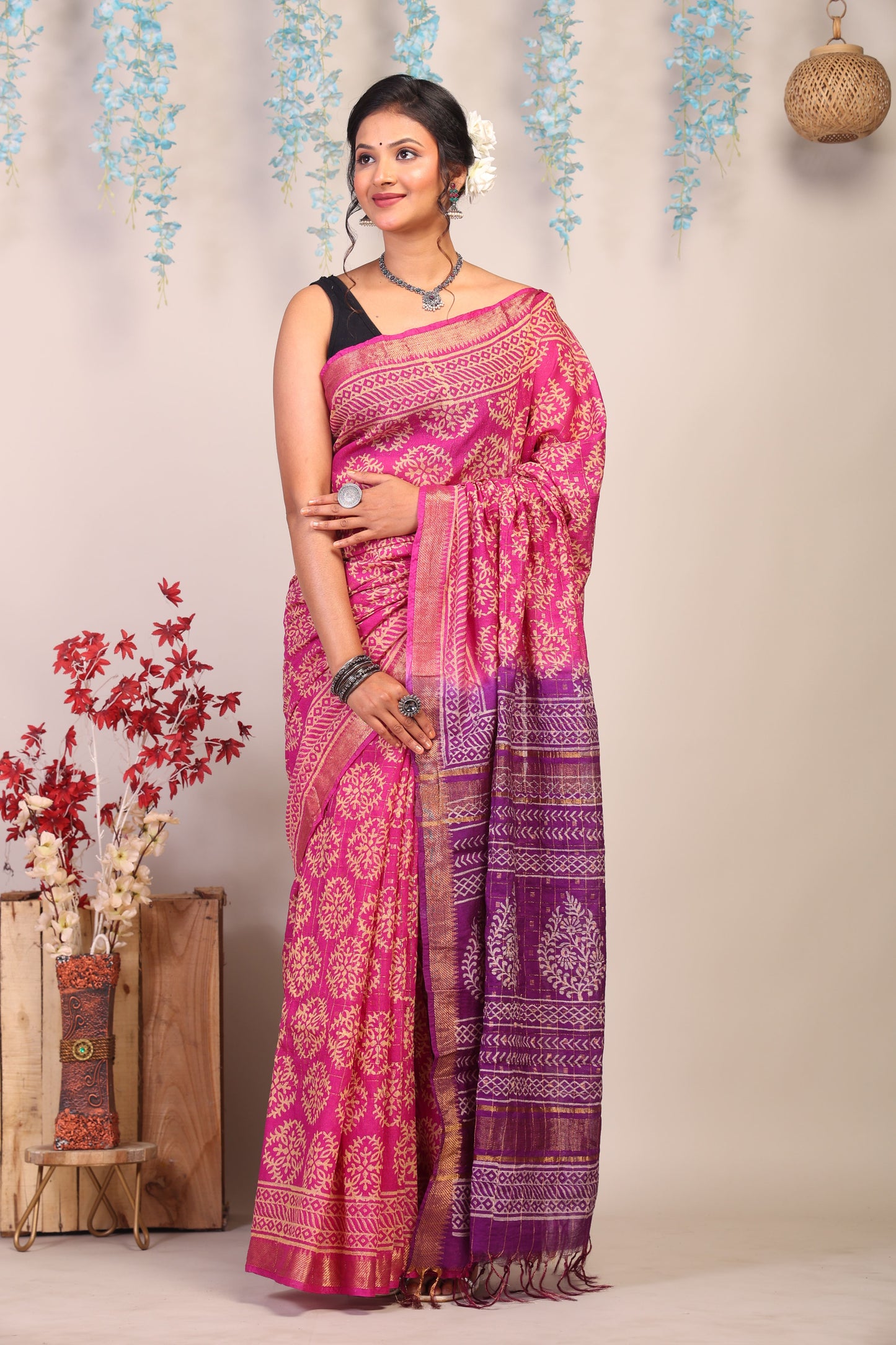 Anuttara Bhagalpuri Pink & Purple Cotton Silk Floral Saree with Unstitched Blouse_AFS1022-FS