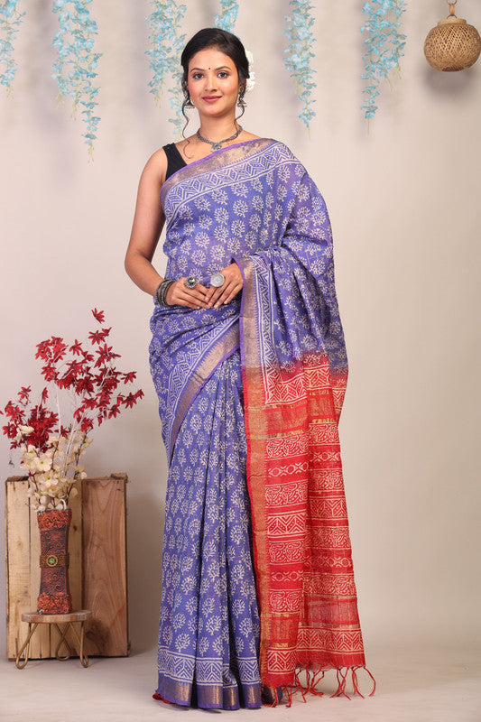 Anuttara Bhagalpuri Blue & Red Cotton Silk Floral Saree with Unstitched Blouse_AFS1023-FS