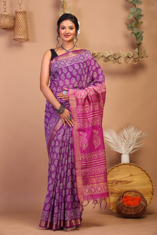Anuttara Bhagalpuri Purple & Pink Cotton Silk Paisley Saree with Unstitched Blouse_AFS1024-FS