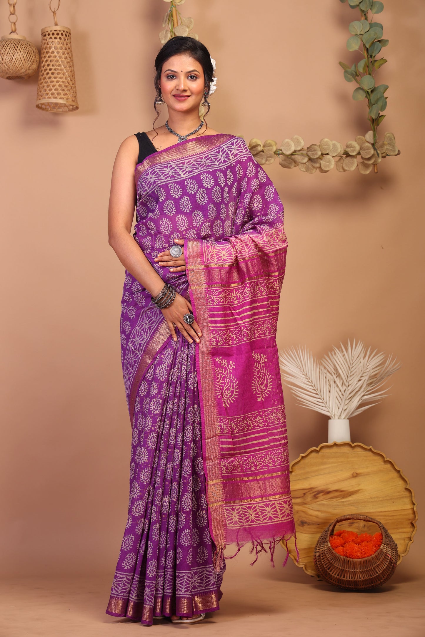 Anuttara Bhagalpuri Purple & Pink Cotton Silk Paisley Saree with Unstitched Blouse_AFS1024-FS
