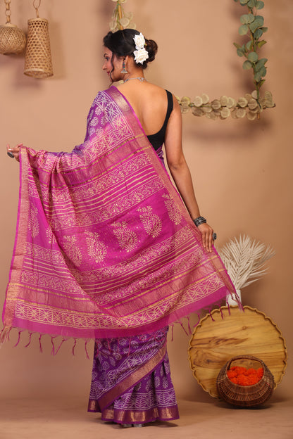 Anuttara Bhagalpuri Purple & Pink Cotton Silk Paisley Saree with Unstitched Blouse_AFS1024-FS