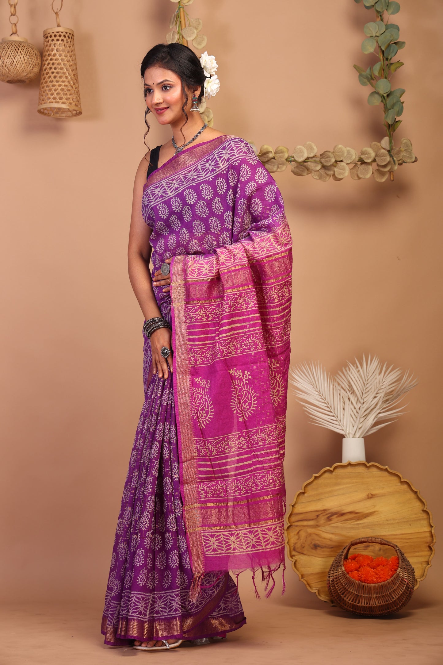 Anuttara Bhagalpuri Purple & Pink Cotton Silk Paisley Saree with Unstitched Blouse_AFS1024-FS