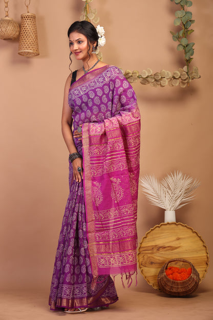 Anuttara Bhagalpuri Purple & Pink Cotton Silk Paisley Saree with Unstitched Blouse_AFS1024-FS