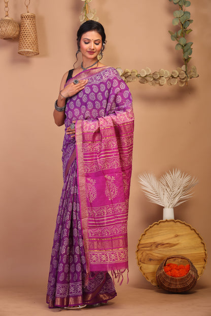 Anuttara Bhagalpuri Purple & Pink Cotton Silk Paisley Saree with Unstitched Blouse_AFS1024-FS